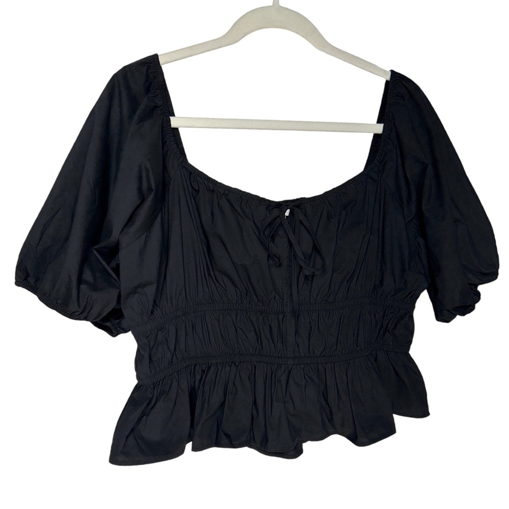 HM Black Smocked Waist Peplum Crop Top Puff Sleeve Square Neck‎ Size XL NWT